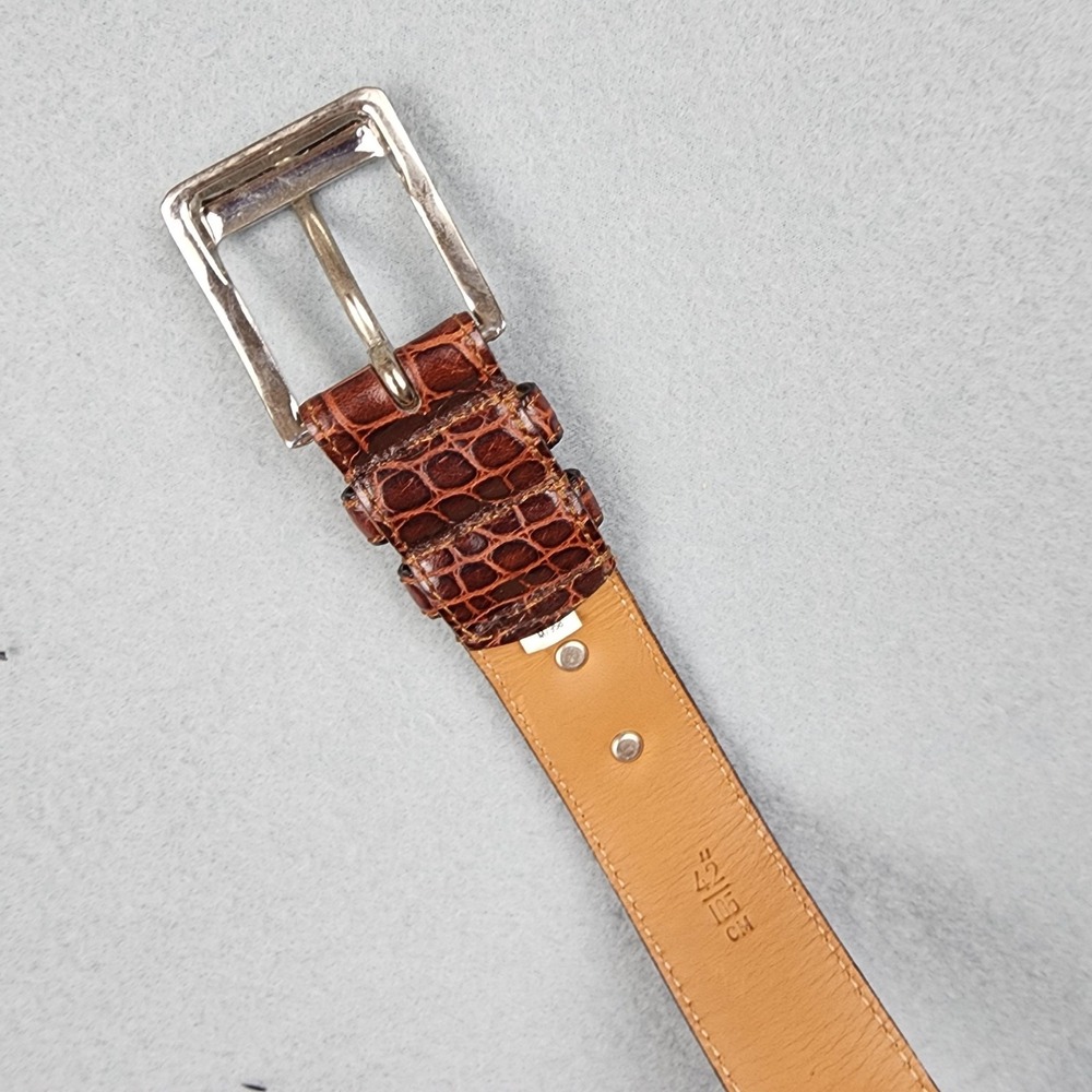 Polo Ralph Lauren Belt Mens Size 42 Brown Leather Croc Embossed Dress Buckle - Picture 2 of 10